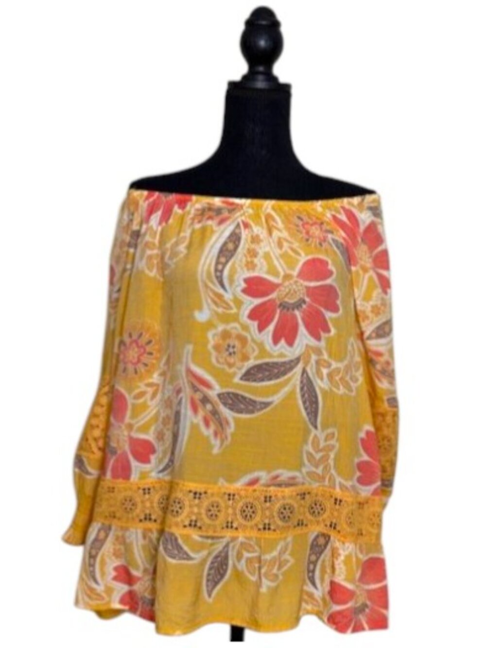 Unique Spectrum Off-Shoulder Floral Boho Top in Mustard and Coral - Size XL